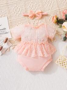 SHEIN Đạo cụ chụp ảnh cho trẻ sơ sinh Tương phản ren Xù màu trơn - Màu Hồng baby - Xem 2
