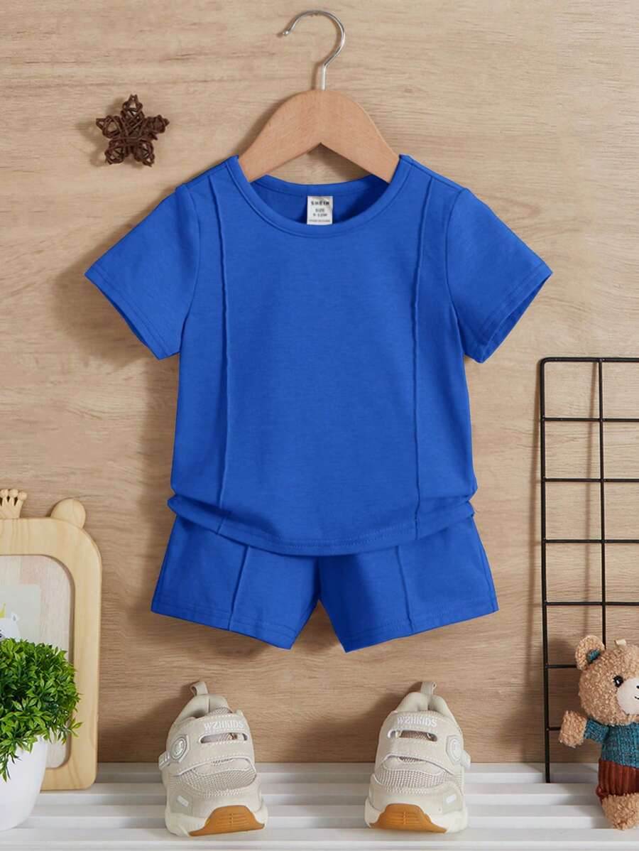 SHEIN Leap Crew Em bé Con trai Đơn giản giản dị Áo thun Và Bộ quần short Với Khâu Chi tiết , Thích hợp Cho mùa hè - Xanh đậm - Xem 1