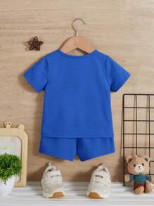 SHEIN Leap Crew Em bé Con trai Đơn giản giản dị Áo thun Và Bộ quần short Với Khâu Chi tiết , Thích hợp Cho mùa hè - Xanh đậm - Xem 2