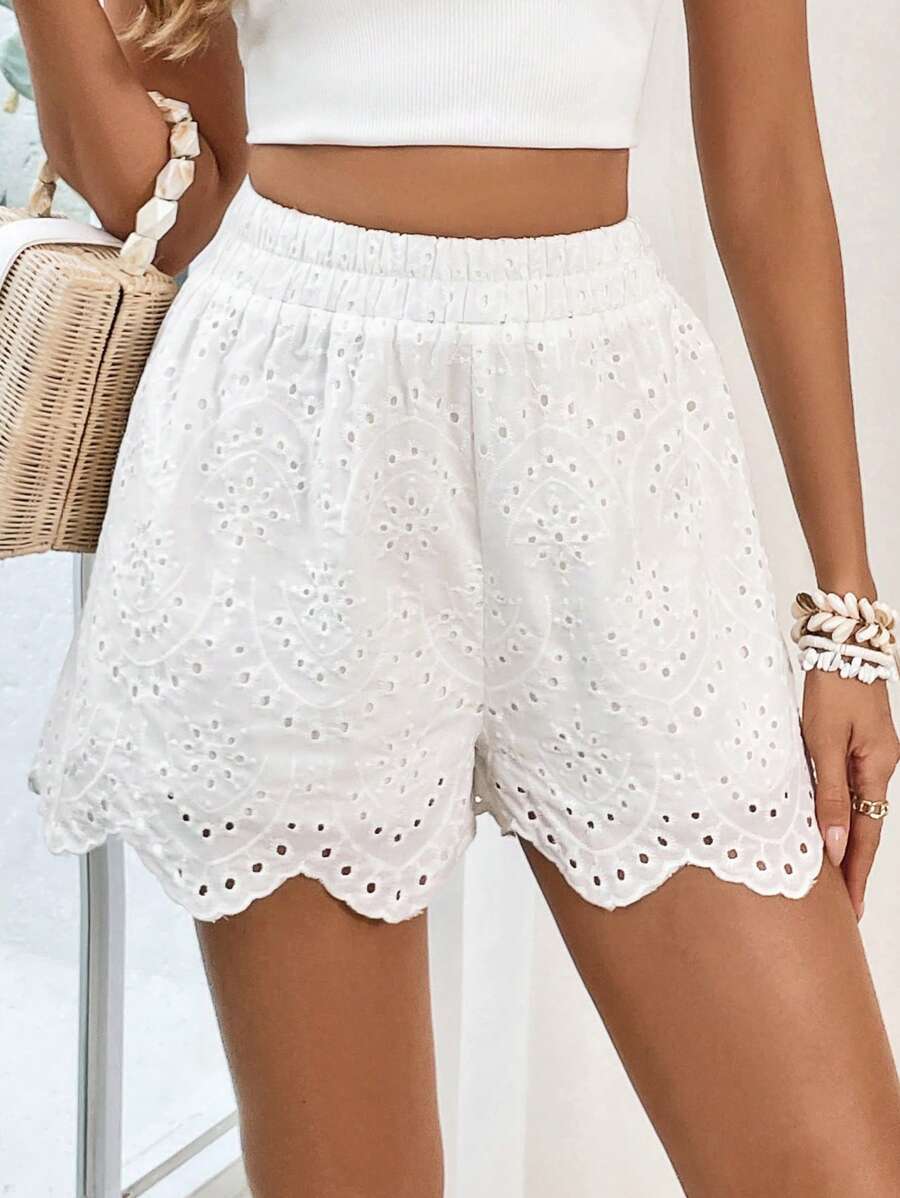 Soleia Eyelet Embroidery Scallop Trim Shorts - White - View 1