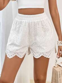 Soleia Eyelet Embroidery Scallop Trim Shorts - White - View 5