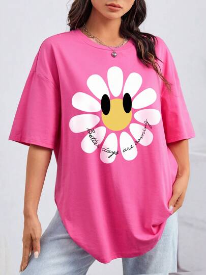 SHEIN Qutie Cartoon & Slogan Graphic Drop Shoulder Oversized Tee