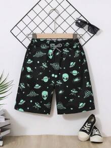 SHEIN Quần short dệt theo chủ đề ngoài hành tinh và không gian cho bé trai in hình quần short dệt giản dị và linh hoạt cho mùa hè - Nhiều màu - Xem 1