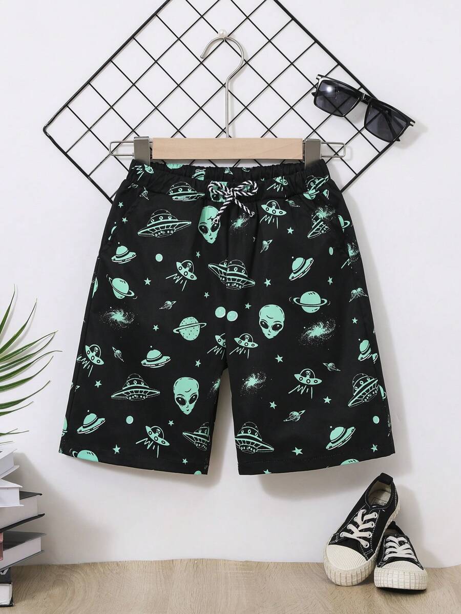 SHEIN Quần short dệt theo chủ đề ngoài hành tinh và không gian cho bé trai in hình quần short dệt giản dị và linh hoạt cho mùa hè - Nhiều màu - Xem 1