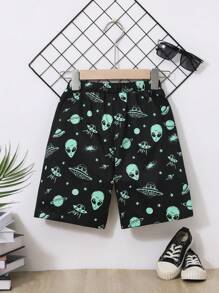 SHEIN Quần short dệt theo chủ đề ngoài hành tinh và không gian cho bé trai in hình quần short dệt giản dị và linh hoạt cho mùa hè - Nhiều màu - Xem 2