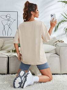 INAWLY Camiseta de mujer con estampado floral, hombros caídos y gráfico - Albaricoque - Ver 2