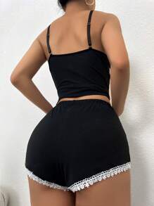 蕾絲拼接前蝴蝶結吊帶睡衣套裝 - 黑色 - 查看 2