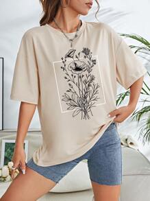 INAWLY Camiseta de mujer con estampado floral, hombros caídos y gráfico - Albaricoque - Ver 3