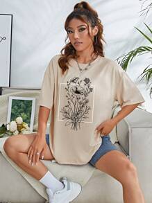 INAWLY Camiseta de mujer con estampado floral, hombros caídos y gráfico - Albaricoque - Ver 4