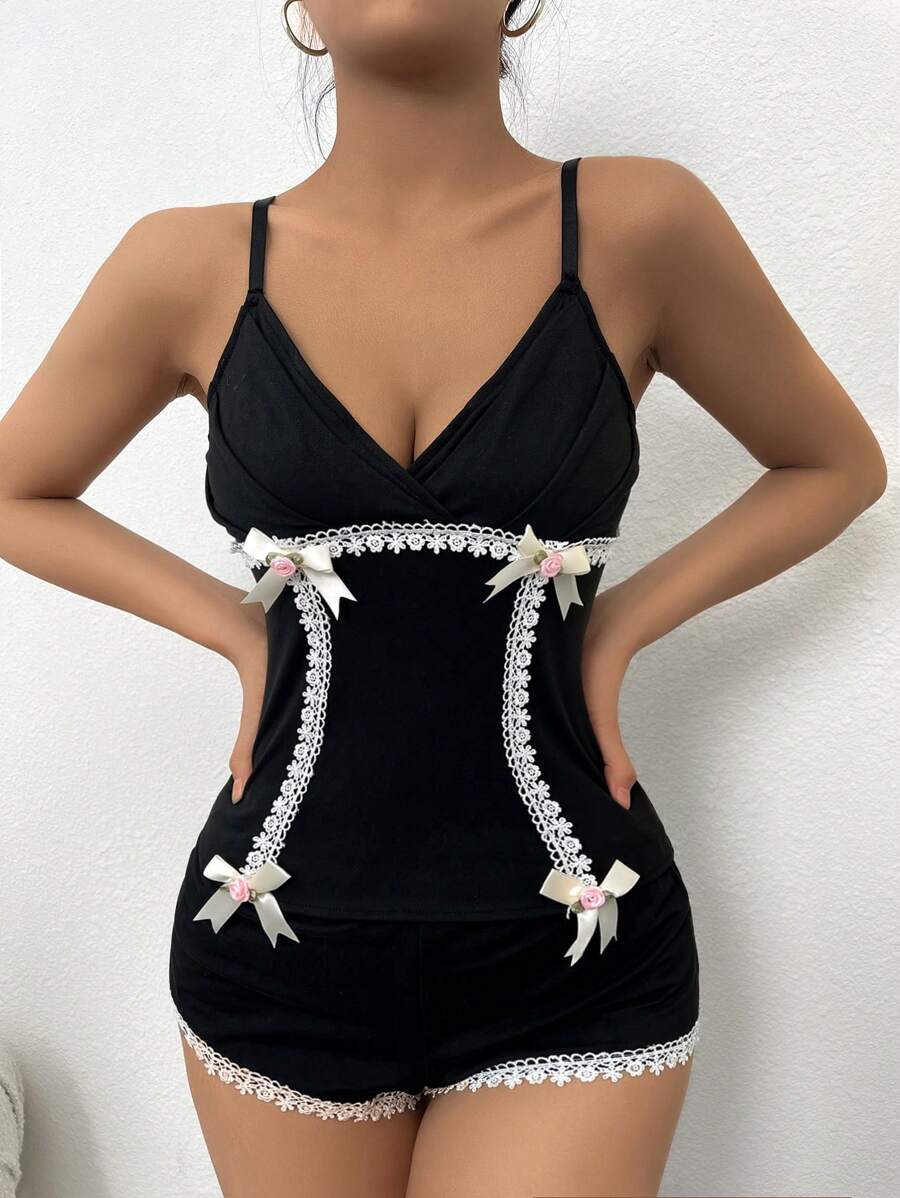 蕾絲拼接前蝴蝶結吊帶睡衣套裝 - 黑色 - 查看 1