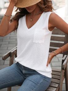 SHEIN LUNE 素色口袋貼布背心上衣 - 白色 - 查看 5