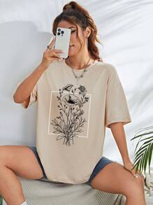 INAWLY Camiseta de mujer con estampado floral, hombros caídos y gráfico - Albaricoque - Ver 7