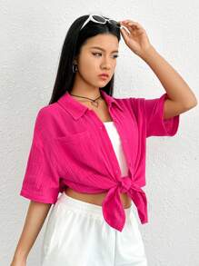 SHEIN EZwear Áo sơ mi nữ Túi Nút phía trước màu trơn Giải trí - Màu Hồng Tươi - Xem 5