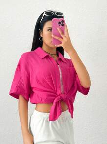 SHEIN EZwear Áo sơ mi nữ Túi Nút phía trước màu trơn Giải trí - Màu Hồng Tươi - Xem 3