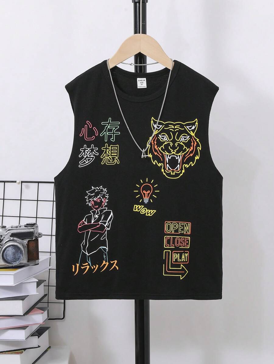 SHEIN Áo thun dệt kim cho bé trai tuổi teen, hiệu ứng neon, in hình chữ và hoạt hình vui nhộn, kiểu dáng thoải mái và đa năng cho mùa hè. - màu đen - Xem 1