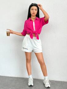 SHEIN EZwear Áo sơ mi nữ Túi Nút phía trước màu trơn Giải trí - Màu Hồng Tươi - Xem 4