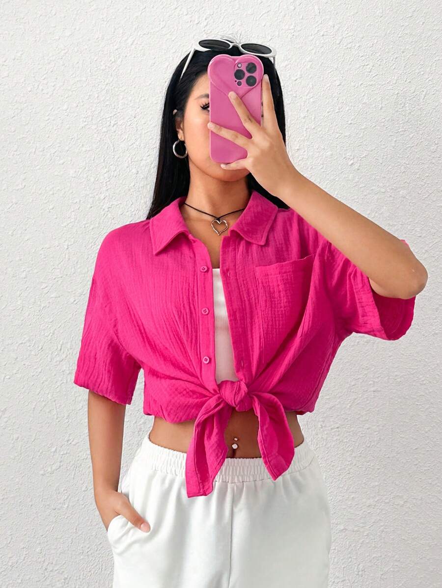 SHEIN EZwear Áo sơ mi nữ Túi Nút phía trước màu trơn Giải trí - Màu Hồng Tươi - Xem 1