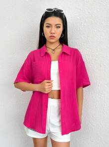 SHEIN EZwear Áo sơ mi nữ Túi Nút phía trước màu trơn Giải trí - Màu Hồng Tươi - Xem 6