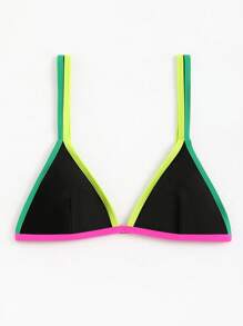 Summer Beach Contrast Neon Trim Triangle Bikini Top Bathing Suit - Black - View 1