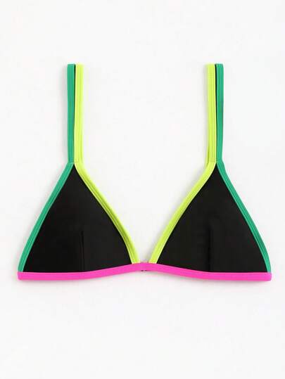 Summer Beach Contrast Neon Trim Triangle Bikini Top Bathing Suit