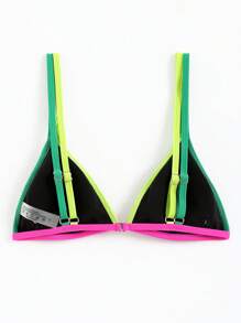 Summer Beach Contrast Neon Trim Triangle Bikini Top Bathing Suit - Black - View 2