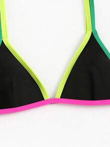Summer Beach Contrast Neon Trim Triangle Bikini Top Bathing Suit - Black - View 3