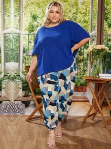 SHEIN CURVE+ Bộ thời trang Plus Size Hình học Giải trí - Xanh đậm - Xem 5