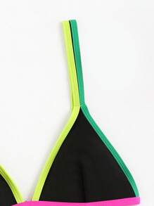 Summer Beach Contrast Neon Trim Triangle Bikini Top Bathing Suit - Black - View 4