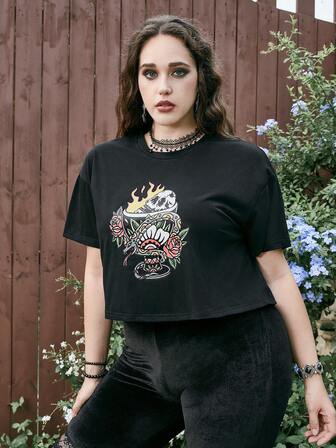 Hellfunco Camiseta de hombros caídos floral & con estampado de cráneo