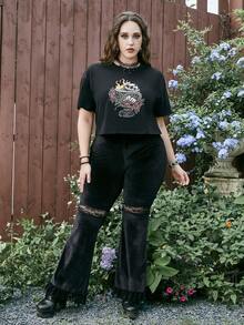 Hellfunco 大碼花卉圖案和骷髏頭圖案落肩T恤