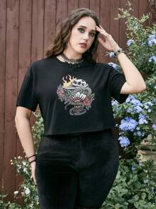 Hellfunco 大碼花卉圖案和骷髏頭圖案落肩T恤