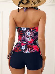 Swim Lushoire Summer Beach Tropical Print Drawstring Side Tankini - Navy Blue - View 2
