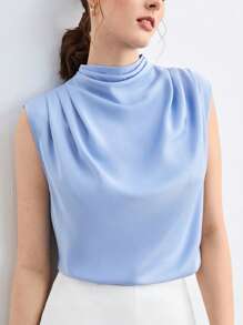 BizChic Ruched Mock Neck Solid Sleeveless Top Workwear - Baby Blue - View 6