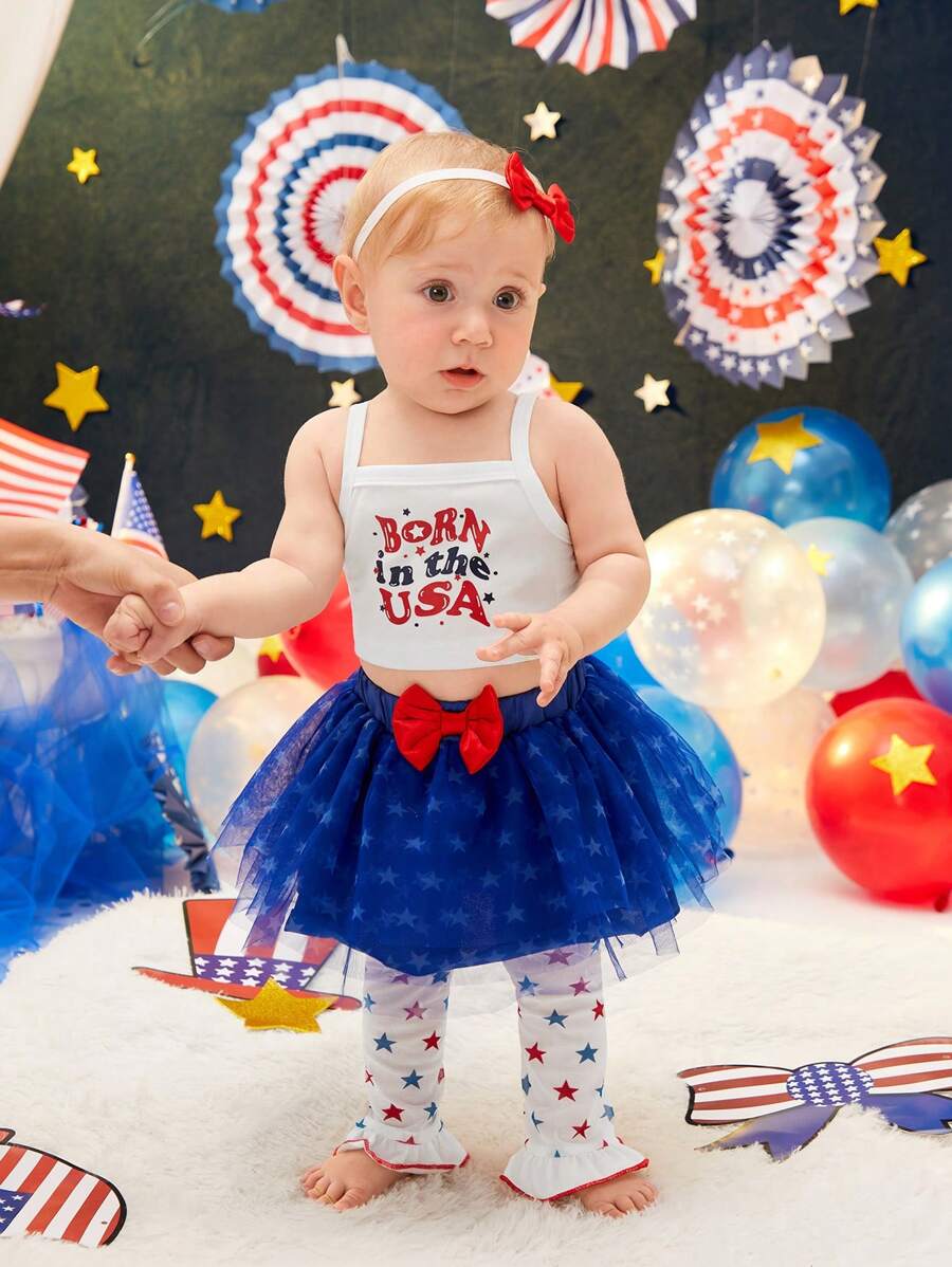 SHEIN 嬰兒字母圖案吊帶上衣和前蝴蝶結網紗半身裙和頭巾和腿部保暖套套裝