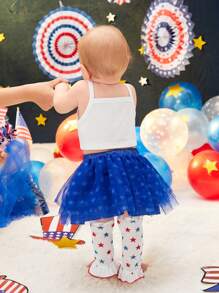 SHEIN 嬰兒字母圖案吊帶上衣和前蝴蝶結網紗半身裙和頭巾和腿部保暖套套裝