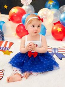 SHEIN 嬰兒字母圖案吊帶上衣和前蝴蝶結網紗半身裙和頭巾和腿部保暖套套裝