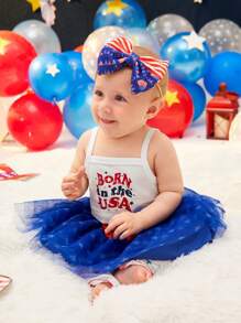 SHEIN 嬰兒字母圖案吊帶上衣和前蝴蝶結網紗半身裙和頭巾和腿部保暖套套裝