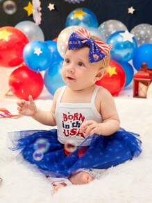 SHEIN 嬰兒字母圖案吊帶上衣和前蝴蝶結網紗半身裙和頭巾和腿部保暖套套裝