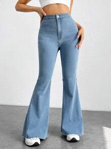 SHEIN EZwear Raw Trim Flare Leg Jeans - Light Wash - View 4