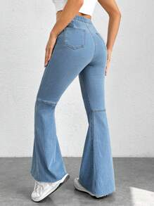 SHEIN EZwear Raw Trim Flare Leg Jeans - Light Wash - View 2