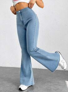 SHEIN EZwear Raw Trim Flare Leg Jeans - Light Wash - View 1
