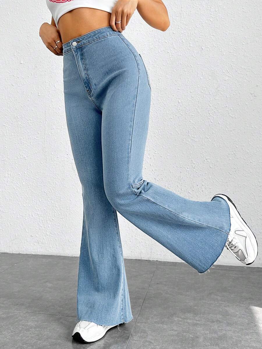 SHEIN EZwear Raw Trim Flare Leg Jeans - Light Wash - View 1