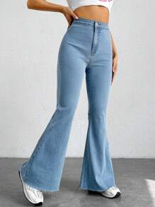 SHEIN EZwear Raw Trim Flare Leg Jeans - Light Wash - View 5