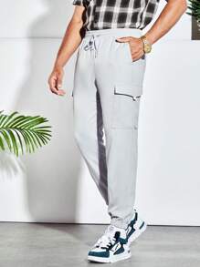 GENTILAND Men Flap Pocket Side Drawstring Waist Cargo Trousers - Light Grey - View 1