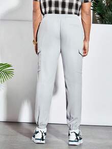 GENTILAND Men Flap Pocket Side Drawstring Waist Cargo Trousers - Light Grey - View 2