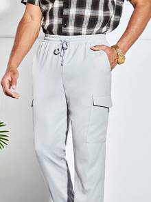 GENTILAND Men Flap Pocket Side Drawstring Waist Cargo Trousers - Light Grey - View 4