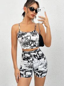 SHEIN EZwear 波普藝術圖案吊帶上衣&騎行褲