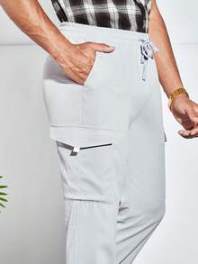 GENTILAND Men Flap Pocket Side Drawstring Waist Cargo Trousers - Light Grey - View 6