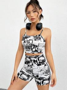 SHEIN EZwear 波普藝術圖案吊帶上衣&騎行褲