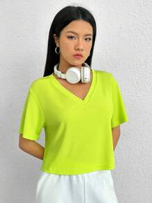 SHEIN EZwear Áo thun nữ Gân đan màu trơn Giải trí - Màu xanh chanh - Xem 2